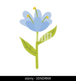 A simple, cheerful cartoon illustration of a single blue flower with a green stem and leaves. This flat style graphic is perfect for seasonal designs, Stock Vector