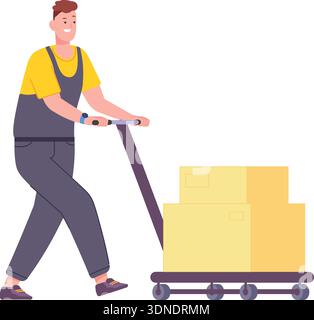Cardboard boxes on cargo trolley. Storage worker cart isolated on white background Stock Vector