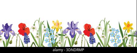 A beautiful floral seamless border or horizontal card of spring blossoms including irises, poppies and forget-me-nots. Ideal for botanical designs, se Stock Vector