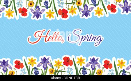 A bright Hello Spring banner or card with colorful floral sticker borders with flowers like irises, poppies, and daffodils on a light blue wavy backgr Stock Vector