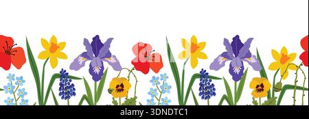 Horizontal seamless border with colorful spring flowers like irises, daffodils, poppies, and pansies. This vibrant illustration on a white background Stock Vector