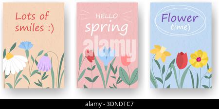 Hello Spring set of vertical templates. Cards with welcome text, blooming flowers and herbs. Textured background. Floral design for postcards, posters Stock Vector