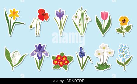 A set of twelve colorful spring flower stickers with white borders on a light blue background. Features flat cartoon style icons of poppy, tulip, daff Stock Vector