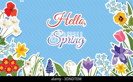 Colorful Hello Spring banner, poster or greeting card with floral stickers. Includes spring flowers like irises, tulips, daffodils, and poppies on a b Stock Vector