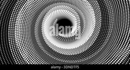 Abstract spiral pattern made of white spotted lines on a black background. The dynamic, optical illusion effect creates depth and motion, perfect for Stock Vector