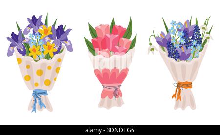 Set of three spring flower bouquets wrapped in decorative paper. Features irises, tulips, daffodils, and forget-me-nots for seasonal design, Happy Mot Stock Vector