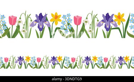 Seamless horizontal floral borders featuring vibrant spring flowers like tulips, irises, daffodils, snowdrops and forget-me-nots. This colorful illust Stock Vector