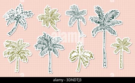 A collection of hand drawn sketch palm tree stickers on a pink grid background. Perfect for summer travel, tropical vacation themed, planners, and bea Stock Vector