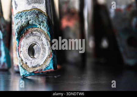 Non-ferrous metal plates and patinated copper busbars with visible ...