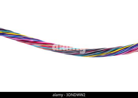 Bundle of twisted, colorful insulated electric wires isolated on a white background, used in telecommunication, control systems, and electrical instal Stock Photo
