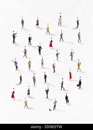 Minimalist composition of diverse people scattered on white surface with colored markers. Stock Photo