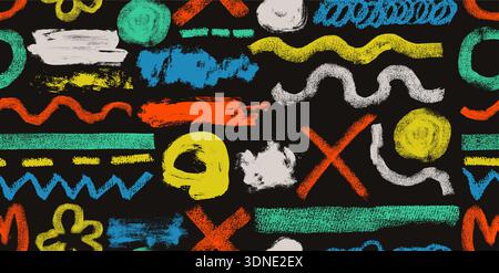 Charcoal seamless pattern pencil curly lines set. Hand drawn squiggles, scribbles, doodle strokes, dots and spirals. Grunge chalk and crayon smears. Stock Vector