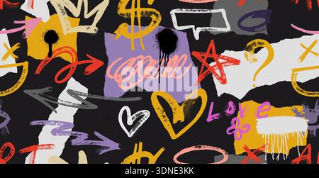 Urban graffiti typography with grunge newspaper pattern, paint elements. Abstract seamless graffiti pattern featuring meaningless letters, hand drawn. Stock Vector