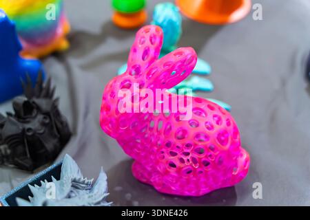 rabbit closeup object printed 3d printer close-up. Progressive modern additive technology 4.0 industrial revolution Stock Photo