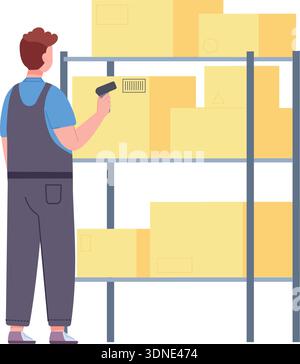 Storehouse employee scanning shipping box barcode on storage shelf isolated on white background Stock Vector