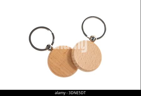 two Wooden key chains isolated on white Stock Photo