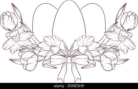 Easter flower festive traditional decor element set. Ink style vector illustration. Engraved outline eggs, knots, spring garden flowers and basket. Stock Vector