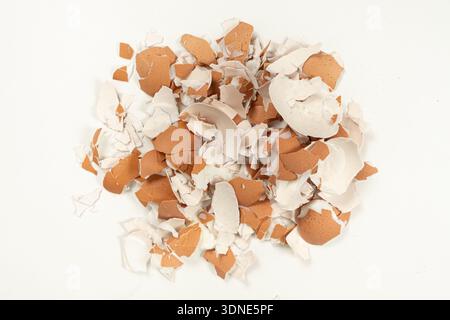 Pile of broken brown eggshell isolated on white background Stock Photo