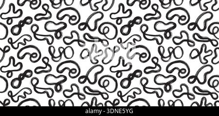 Seamless pattern of black paint brush strokes with grunge texture. Hand drawn curved, wavy ink lines, chaotic dry brush scribbles. Bold messy strokes. Stock Vector