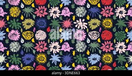 Seamless floral pattern with hand drawn chrysanthemum, aster flowers. Dry brush style botanical motifs with branches, leaves. Pastel painted floral Stock Vector