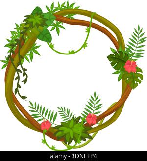 Rainforest wood frame. Round hanging liana border isolated on white background Stock Vector