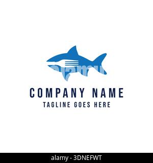 Blue Shark Silhouette With A Hidden Fork Negative Space, Ideal For Modern Seafood Restaurants Or Fishing Industry Branding. Stock Vector