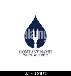 Modern Vector Logo Featuring Fork Inside Blue Water Droplet Shape, Symbolizing Organic Food, Freshness, Clean Eating, And Sustainable Nutrition. Stock Vector