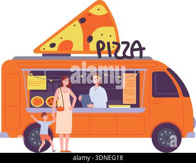 Pizza truck. Street food vendor urban stand isolated on white background Stock Vector