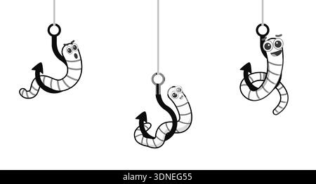 Cartoon worm on a hook. emotion. isolated on a white background. vector illustration. character icon Earthworm. flat style. Crawling animal creature. Stock Vector