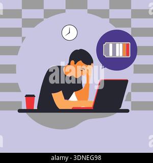 Professional burnout syndrome, depicting a tired office worker at their desk health problems office post design vector illustration. Stock Vector