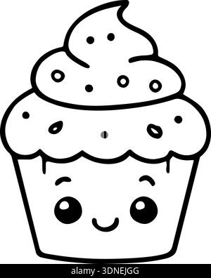 Cute Smiling Cupcake Character with Kawaii Face - Vector Line Art Coloring Page for Kids Stock Vector