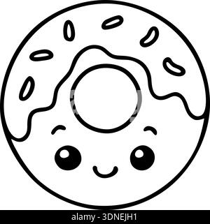 Cute Smiling Donut Character with Kawaii Face - Vector Line Art Coloring Page for Kids Stock Vector