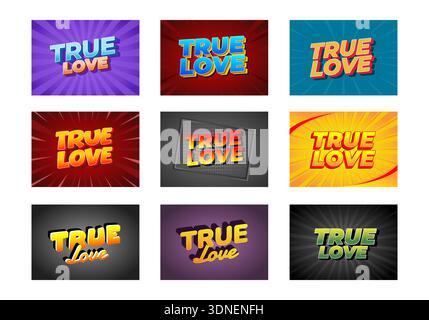 Grid of nine colorful retro comic style true love text designs on varied vibrant backgrounds, each with different fonts, shadows, and halftone or burs Stock Vector