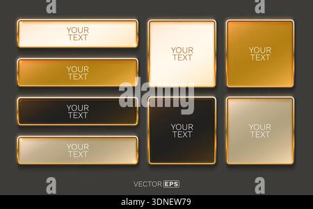 Elegant set of golden-framed glossy buttons and frames, perfect for luxurious UI design or banners. Vector illustration Stock Vector