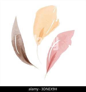 A beautiful set of three watercolor painted leaves arranged on a clean white background. Each leaf shows soft hues. One leaf is brown, another is peach, and the third is pink. Stock Vector