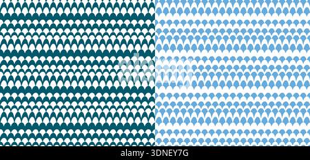 Abstract stripes blue colour, optical art wave line seamless pattern, set of 2 versions. Hand drawn uneven doodle style design, curve motion illusion Stock Vector