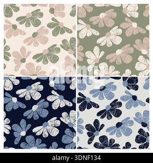 Floral Seamless Pattern Collection. Botanical Backgrounds with Hand Drawn Crayon Hatching Texture in Modern Pastel and Navy Blue Palettes. Isolated Ve Stock Vector