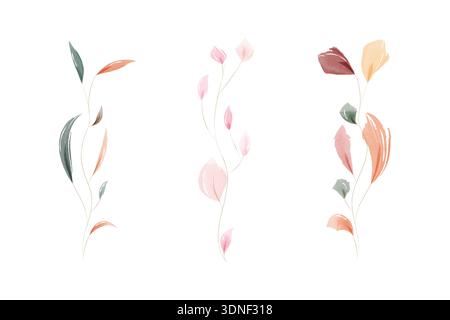 Three delicate watercolor illustrations show stylized plant stems with colorful leaves. Soft pink, green, orange, and brown hues create serene botanical art elements on a clean white background. Stock Vector