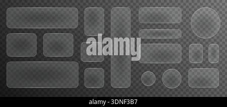 Glasmorphism liquid button frames, Glass texture geometric rectangular and round shapes, Blurred glass effect with glare Stock Vector