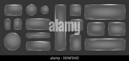 Glasmorphism liquid button frames, Glass texture geometric rectangular and round shapes, Blurred glass effect with glare Stock Vector