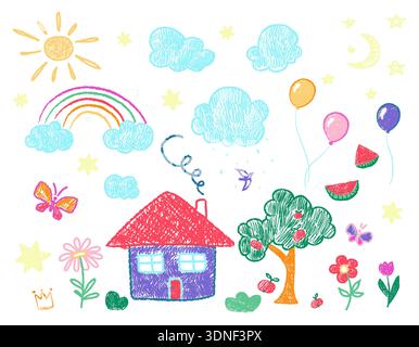 Cute crayon pencil chalk children's drawings, House sun and clouds drawn in doodle style, Scribble freehand nature elements: tree, flowers, butterfly Stock Vector
