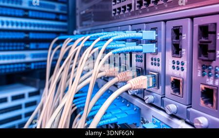 Fiber Optic cables connected to an optic ports and Network cables connected to ethernet ports. Stock Photo