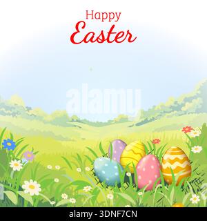 Happy Easter square vector illustration with colorful painted eggs in green grass on spring landscape background with flowers and copy space for text. Stock Vector