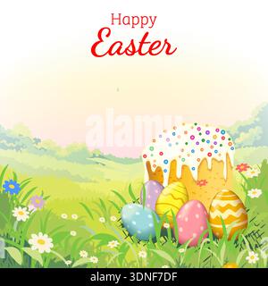 Happy Easter square vector illustration with colorful painted eggs and traditional cake in spring garden with flowers and copy space for text. Stock Vector