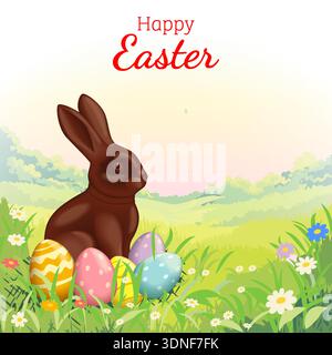 Happy Easter square vector illustration with chocolate bunny and colorful painted eggs in spring garden grass with flowers and copy space for text. Stock Vector