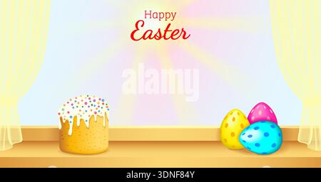 Easter cake and painted eggs on a sunny windowsill with morning light, curtains with copy space for text. Horizontal vector illustration. Stock Vector