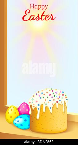 Happy Easter vertical vector illustration with Easter cake and painted eggs on a sunny windowsill with morning light and copy space for text. Stock Vector