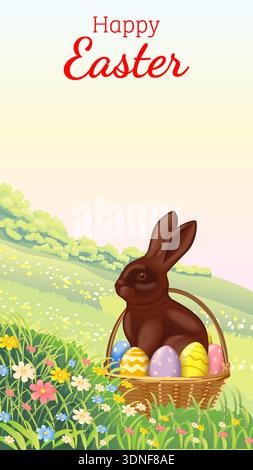 Happy Easter vertical vector illustration with chocolate bunny in wicker basket with painted eggs on blooming spring meadow and copy space for text. Stock Vector