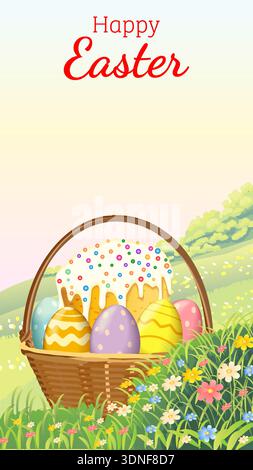 Happy Easter vertical vector illustration with traditional cake and painted eggs in wicker basket on blooming spring meadow and copy space for text. Stock Vector