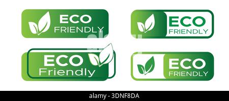 Collection of four green eco friendly badges and labels featuring leaf icons and text for sustainable product certification and environmental awarenes Stock Vector